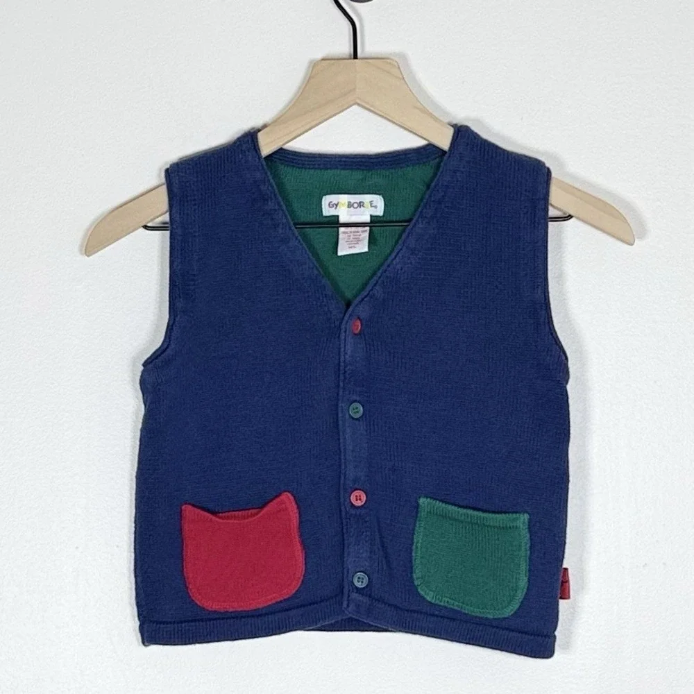 Vintage 90s Gymboree Girls Sweater Vest M/L Blue Colorblock Cotton Rainbow Tag